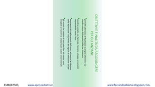 3388687583, www.apel-pediatri.org alberto.ferrando1@gmail.com, www.ferrandoalberto.blogspot.com,
OBIETTIVIEFINALITA’DARAGGIUNGERE
PERGLIANZIANI:
•permetteall’anzianodifocalizzarelapropriaattenzionesul
mondoesternodistraendosidallasuasituazione
•standoacontattoconl’animale,l’anzianosviluppaunsensodi
responsabilitàversol’altro
•avvengonodeimiglioramentidell’umoreattraversolariduzione
delladepressioneel’aumentodeisegnalidiinterazionesociale
•glianzianichecredonodinonpoterfarepiùniente,sono
invogliatiamuoversioadalzarsiperandareversol‘animale
 