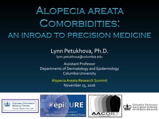 Lynn Petukhova, Ph.D.
lynn.petukhova@columbia.edu
Assistant Professor
Departments of Dermatology and Epidemiology
Columbia University
AlopeciaAreata Research Summit
November 15, 2016
 