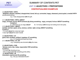 8
PET
by Matifmarin.
SUMMARY OF CONTENTS PETSUMMARY OF CONTENTS PET
UNIT 23 ADJECTIVES + PREPOSITIONS
CONTEXTUALISED EXAMP...