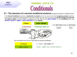 10
GRAMMAR – UNIT 26 + 28
2nd
- The structure of a second conditional sentence (Imaginary Present or Unlikely Future)
if c...