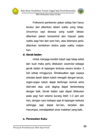 Balai Besar Pembibitan Ternak Unggul Sapi Perah Baturraden
Bibit Berkualitas Solusi Cerdas
Petunjuk Pemeliharaan Bibit Sapi Perah
89
Frekwensi pemberian pakan setiap hari harus
teratur dan diberikan dalam waktu yang tetap.
Umumnya sapi dewasa yang sudah laktasi
diberikan pakan konsentrat dan hijauan pada
waktu pagi hari dan sore hari, atau bilamana perlu
diberikan tambahan ekstra pada waktu malam
hari.
d. Gerak badan
Untuk menjaga kondisi tubuh sapi tetap sehat
dan kuat maka perlu dilakukan excercise sebagai
gerak badan di lapangan terbuka secara teratur 2
kali setiap minggunya. Dimaksudkan agar supaya
sirkulasi darah dalam tubuh mengalir dengan lancar,
organ-organ tubuh dapat berfungsi normal serta
otot-otot atau urat daging dapat berkembang
dengan baik. Gerak badan sapi dapat dilakukan
pada pagi hari selama kurang lebih 1-2 jam per
hari, dengan cara melepas sapi di lapangan terbuka
sehingga sapi dapat lari-lari, berjalan dan
merumput, mendapatkan sinar matahari yang baik.
e. Perawatan Kuku
 