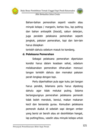 Balai Besar Pembibitan Ternak Unggul Sapi Perah Baturraden
Bibit Berkualitas Solusi Cerdas
Petunjuk Pemeliharaan Bibit Sapi Perah
121
Bahan-bahan pemerahan seperti vaselin atau
minyak kelapa / margarin, kertas tisu, lap putting
dan bahan antiseptik (biocid), sabun deterjen,
juga peralatn pelaksana pemerahan seperti
jengkok, pakaian pemerahan, topi dan lain-lain
harus disiapkan
terlebih dahulu sebelum masuk ke kandang.
d. Pelaksana Pemerahan
Sebagai pelaksana pemerahan diperlukan
kondisi harus dalam keadaan sehat, sebelum
melaksanakan pemerahan diharuskan mencuci
tangan terlebih dahulu dan memakai pakaian
perah lengkap dengan topi.
Perlu diperhatikan pula agar kuku jari tangan
harus pendek, bilamana perlu harus dipotong
dahulu agar tidak melukai puting. Selama
berlangsungnya pemerahan pelaksana pemerah
tidak boleh merokok, bersiul, makan makanan
kecil dan bersenda gurau. Kemudian pelaksana
pemerah duduk di sebelah sapi dengan ember
yang berisi air bersih atau air desinfektan hangat,
lap putting/tissu, vaselin atau minyak kelapa untuk
 