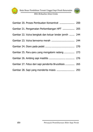Balai Besar Pembibitan Ternak Unggul Sapi Perah Baturraden
Bibit Berkualitas Solusi Cerdas
Petunjuk Pemeliharaan Bibit Sapi Perahxiv
Gambar 20. Proses Pembuatan Konsentrat .................... 200
Gambar 21. Pengamatan Perkembangan HPT ................ 205
Gambar 22. Vulva bengkak dan keluar lender jernih ....... 244
Gambar 23. Vulva berwarna merah ............................... 244
Gambar 24. Diare pada pedet ....................................... 270
Gambar 25. Paru-paru yang mengalami radang .............. 273
Gambar 26. Ambing sapi mastitis ...................... ............ 276
Gambar 27. Fetus dari sapi penderita Brucellosis ............ 265
Gambar 28. Sapi yang menderita miasis ........................ 293
 