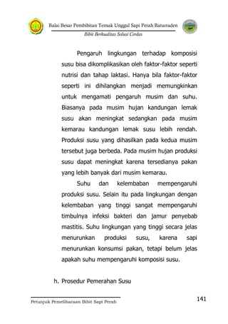 Balai Besar Pembibitan Ternak Unggul Sapi Perah Baturraden
Bibit Berkualitas Solusi Cerdas
Petunjuk Pemeliharaan Bibit Sapi Perah
141
Pengaruh lingkungan terhadap komposisi
susu bisa dikomplikasikan oleh faktor-faktor seperti
nutrisi dan tahap laktasi. Hanya bila faktor-faktor
seperti ini dihilangkan menjadi memungkinkan
untuk mengamati pengaruh musim dan suhu.
Biasanya pada musim hujan kandungan lemak
susu akan meningkat sedangkan pada musim
kemarau kandungan lemak susu lebih rendah.
Produksi susu yang dihasilkan pada kedua musim
tersebut juga berbeda. Pada musim hujan produksi
susu dapat meningkat karena tersedianya pakan
yang lebih banyak dari musim kemarau.
Suhu dan kelembaban mempengaruhi
produksi susu. Selain itu pada lingkungan dengan
kelembaban yang tinggi sangat mempengaruhi
timbulnya infeksi bakteri dan jamur penyebab
mastitis. Suhu lingkungan yang tinggi secara jelas
menurunkan produksi susu, karena sapi
menurunkan konsumsi pakan, tetapi belum jelas
apakah suhu mempengaruhi komposisi susu.
h. Prosedur Pemerahan Susu
 