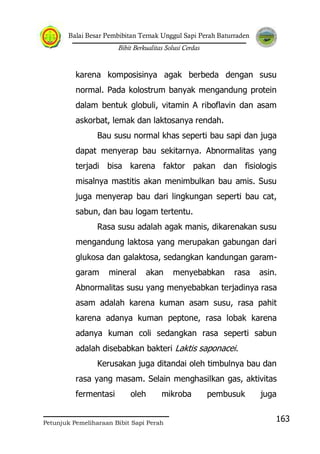 Balai Besar Pembibitan Ternak Unggul Sapi Perah Baturraden
Bibit Berkualitas Solusi Cerdas
Petunjuk Pemeliharaan Bibit Sapi Perah
163
karena komposisinya agak berbeda dengan susu
normal. Pada kolostrum banyak mengandung protein
dalam bentuk globuli, vitamin A riboflavin dan asam
askorbat, lemak dan laktosanya rendah.
Bau susu normal khas seperti bau sapi dan juga
dapat menyerap bau sekitarnya. Abnormalitas yang
terjadi bisa karena faktor pakan dan fisiologis
misalnya mastitis akan menimbulkan bau amis. Susu
juga menyerap bau dari lingkungan seperti bau cat,
sabun, dan bau logam tertentu.
Rasa susu adalah agak manis, dikarenakan susu
mengandung laktosa yang merupakan gabungan dari
glukosa dan galaktosa, sedangkan kandungan garam-
garam mineral akan menyebabkan rasa asin.
Abnormalitas susu yang menyebabkan terjadinya rasa
asam adalah karena kuman asam susu, rasa pahit
karena adanya kuman peptone, rasa lobak karena
adanya kuman coli sedangkan rasa seperti sabun
adalah disebabkan bakteri Laktis saponacei.
Kerusakan juga ditandai oleh timbulnya bau dan
rasa yang masam. Selain menghasilkan gas, aktivitas
fermentasi oleh mikroba pembusuk juga
 