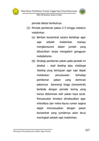 Balai Besar Pembibitan Ternak Unggul Sapi Perah Baturraden
Bibit Berkualitas Solusi Cerdas
Petunjuk Pemeliharaan Bibit Sapi Perah
217
periode laktasi berikutnya.
(2) Periode pemberian pakan 2-3 minggu sebelum
melahirkan
(a) Berikan konsentrat secara bertahap agar
sapi setelah melahirkan mampu
mengkonsumsi dalam jumlah yang
dibutuhkan tanpa mengalami gangguan
metabolisme.
(b) Strategi pemberian pakan pada periode ini
disebut : lead feeding atau challange
feeding yang bertujuan agar sapi dapat
melakukan penyesuaian terhadap
pemberian pakan yang dominasi
pakannya berenergi tinggi (konsentrat)
berbeda dengan periode kering yang
hanya didominasi oleh pakan kaya serat.
Penyesuaian tersebut dimaksudkan agar
mikroflora dan mikro-fauna rumen segera
dapat menyesuaikan dengan pakan
konsentrat yang jumlahnya akan terus
meningkat setelah sapi melahirkan.
 