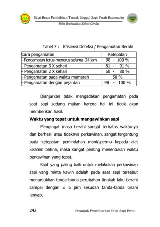 Balai Besar Pembibitan Ternak Unggul Sapi Perah Baturraden
Bibit Berkualitas Solusi Cerdas
Petunjuk Pemeliharaan Bibit Sapi Perah242
Tabel 7 : Efisiensi Deteksi / Pengamatan Berahi
Cara pengamatan Ketepatan
- Pengamatan terus-menerus selama 24 jam 98 - 100 %
- Pengamatan 3 X sehari 81 - 91 %
- Pengamatan 2 X sehari 60 - 80 %
- Pengamatan pada waktu memerah 50 %
- Pengamatan dengan pejantan 98 - 100 %
Dianjurkan tidak mengadakan pengamatan pada
saat sapi sedang makan karena hal ini tidak akan
memberikan hasil.
Waktu yang tepat untuk mengawinkan sapi
Mengingat masa berahi sangat terbatas waktunya
dan berhasil atau tidaknya perkawinan, sangat tergantung
pada ketepatan pemindahan mani/sperma kepada alat
kelamin betina, maka sangat penting menentukan waktu
perkawinan yang tepat.
Saat yang paling baik untuk melakukan perkawinan
sapi yang minta kawin adalah pada saat sapi tersebut
menunjukkan tanda-tanda perubahan tingkah laku berahi
sampai dengan ± 6 jam sesudah tanda-tanda birahi
lenyap.
 