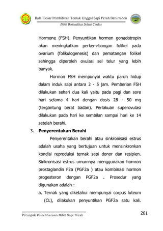 Balai Besar Pembibitan Ternak Unggul Sapi Perah Baturraden
Bibit Berkualitas Solusi Cerdas
Petunjuk Pemeliharaan Bibit Sapi Perah
261
Hormone (FSH). Penyuntikan hormon gonadotropin
akan meningkatkan perkem-bangan folikel pada
ovarium (folikulogenesis) dan pematangan folikel
sehingga diperoleh ovulasi sel telur yang lebih
banyak.
Hormon FSH mempunyai waktu paruh hidup
dalam induk sapi antara 2 - 5 jam. Pemberian FSH
dilakukan sehari dua kali yaitu pada pagi dan sore
hari selama 4 hari dengan dosis 28 - 50 mg
(tergantung berat badan). Perlakuan superovulasi
dilakukan pada hari ke sembilan sampai hari ke 14
setelah berahi.
3. Penyerentakan Berahi
Penyerentakan berahi atau sinkronisasi estrus
adalah usaha yang bertujuan untuk mensinkronkan
kondisi reproduksi ternak sapi donor dan resipien.
Sinkronisasi estrus umumnya menggunakan hormon
prostaglandin F2a (PGF2a ) atau kombinasi hormon
progesteron dengan PGF2a . Prosedur yang
digunakan adalah :
a. Ternak yang diketahui mempunyai corpus luteum
(CL), dilakukan penyuntikan PGF2a satu kali.
 