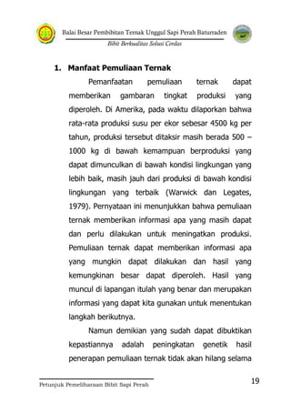 Balai Besar Pembibitan Ternak Unggul Sapi Perah Baturraden
Bibit Berkualitas Solusi Cerdas
Petunjuk Pemeliharaan Bibit Sapi Perah
19
1. Manfaat Pemuliaan Ternak
Pemanfaatan pemuliaan ternak dapat
memberikan gambaran tingkat produksi yang
diperoleh. Di Amerika, pada waktu dilaporkan bahwa
rata-rata produksi susu per ekor sebesar 4500 kg per
tahun, produksi tersebut ditaksir masih berada 500 –
1000 kg di bawah kemampuan berproduksi yang
dapat dimunculkan di bawah kondisi lingkungan yang
lebih baik, masih jauh dari produksi di bawah kondisi
lingkungan yang terbaik (Warwick dan Legates,
1979). Pernyataan ini menunjukkan bahwa pemuliaan
ternak memberikan informasi apa yang masih dapat
dan perlu dilakukan untuk meningatkan produksi.
Pemuliaan ternak dapat memberikan informasi apa
yang mungkin dapat dilakukan dan hasil yang
kemungkinan besar dapat diperoleh. Hasil yang
muncul di lapangan itulah yang benar dan merupakan
informasi yang dapat kita gunakan untuk menentukan
langkah berikutnya.
Namun demikian yang sudah dapat dibuktikan
kepastiannya adalah peningkatan genetik hasil
penerapan pemuliaan ternak tidak akan hilang selama
 