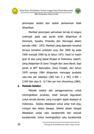 Balai Besar Pembibitan Ternak Unggul Sapi Perah Baturraden
Bibit Berkualitas Solusi Cerdas
Petunjuk Pemeliharaan Bibit Sapi Perah20
penerapan seleksi dan sistem perkawinan tidak
dihentikan.
Manfaat penerapan pemuliaan ternak di negara
subtropik pada sapi perah telah dilaporkan di
Denmark, Swedia, Firlandia dan Norwegia dalam
periode 1960 - 1972. Manfaat yang diperoleh tersebut
berupa kenaikan produksi susu dan 3000 kg pada
1950 menjadi 5500 kg di tahun 1972. Hasil ini masih
jauh di atas yang dapat dicapai di Indonesia, seperti.
yang dilaporkan di Jawa Tengah dan Jawa Barat. Sapi
perah di BPT Baturaden, Jawa Tengah, dari tahun
1979 sampai 1984 dilaporkan mencapai produksi
rata-rata per lataktasi (305 hari 2 x ME) 2.492 –
2.945 liter atau 8 - 9,7 liter per hari (Anonimus,1984).
2. Metode Seleksi
Metode seleksi dan penggunaannya untuk
meningkatkan produksi, telah banyak digunakan
untuk ternak domba, yang mungkin dapat diadopsi di
Indonesia. Seleksi dibedakan untuk antar trah atau
rumpun dan dalam bangsa. Seleksi dalam bangsa
dibedakan untuk satu karakteristik dan banyak
karakteristik. Untuk meningkatkan satu karakteristik
 