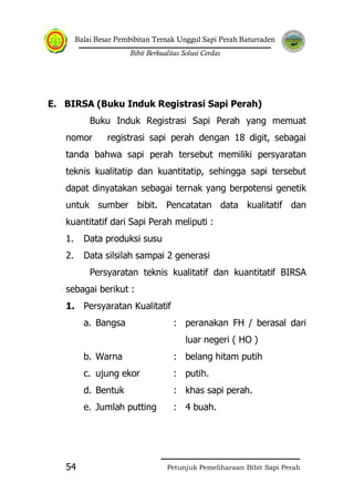 Balai Besar Pembibitan Ternak Unggul Sapi Perah Baturraden
Bibit Berkualitas Solusi Cerdas
Petunjuk Pemeliharaan Bibit Sapi Perah54
E. BIRSA (Buku Induk Registrasi Sapi Perah)
Buku Induk Registrasi Sapi Perah yang memuat
nomor registrasi sapi perah dengan 18 digit, sebagai
tanda bahwa sapi perah tersebut memiliki persyaratan
teknis kualitatip dan kuantitatip, sehingga sapi tersebut
dapat dinyatakan sebagai ternak yang berpotensi genetik
untuk sumber bibit. Pencatatan data kualitatif dan
kuantitatif dari Sapi Perah meliputi :
1. Data produksi susu
2. Data silsilah sampai 2 generasi
Persyaratan teknis kualitatif dan kuantitatif BIRSA
sebagai berikut :
1. Persyaratan Kualitatif
a. Bangsa : peranakan FH / berasal dari
luar negeri ( HO )
b. Warna : belang hitam putih
c. ujung ekor : putih.
d. Bentuk : khas sapi perah.
e. Jumlah putting : 4 buah.
 