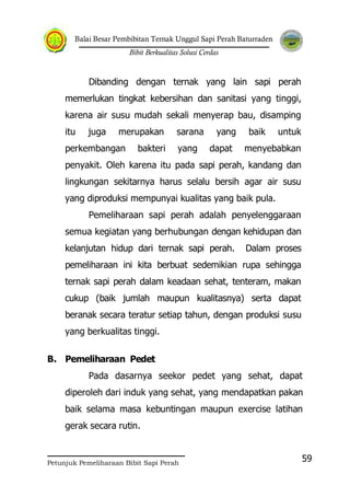 Balai Besar Pembibitan Ternak Unggul Sapi Perah Baturraden
Bibit Berkualitas Solusi Cerdas
Petunjuk Pemeliharaan Bibit Sapi Perah
59
Dibanding dengan ternak yang lain sapi perah
memerlukan tingkat kebersihan dan sanitasi yang tinggi,
karena air susu mudah sekali menyerap bau, disamping
itu juga merupakan sarana yang baik untuk
perkembangan bakteri yang dapat menyebabkan
penyakit. Oleh karena itu pada sapi perah, kandang dan
lingkungan sekitarnya harus selalu bersih agar air susu
yang diproduksi mempunyai kualitas yang baik pula.
Pemeliharaan sapi perah adalah penyelenggaraan
semua kegiatan yang berhubungan dengan kehidupan dan
kelanjutan hidup dari ternak sapi perah. Dalam proses
pemeliharaan ini kita berbuat sedemikian rupa sehingga
ternak sapi perah dalam keadaan sehat, tenteram, makan
cukup (baik jumlah maupun kualitasnya) serta dapat
beranak secara teratur setiap tahun, dengan produksi susu
yang berkualitas tinggi.
B. Pemeliharaan Pedet
Pada dasarnya seekor pedet yang sehat, dapat
diperoleh dari induk yang sehat, yang mendapatkan pakan
baik selama masa kebuntingan maupun exercise latihan
gerak secara rutin.
 