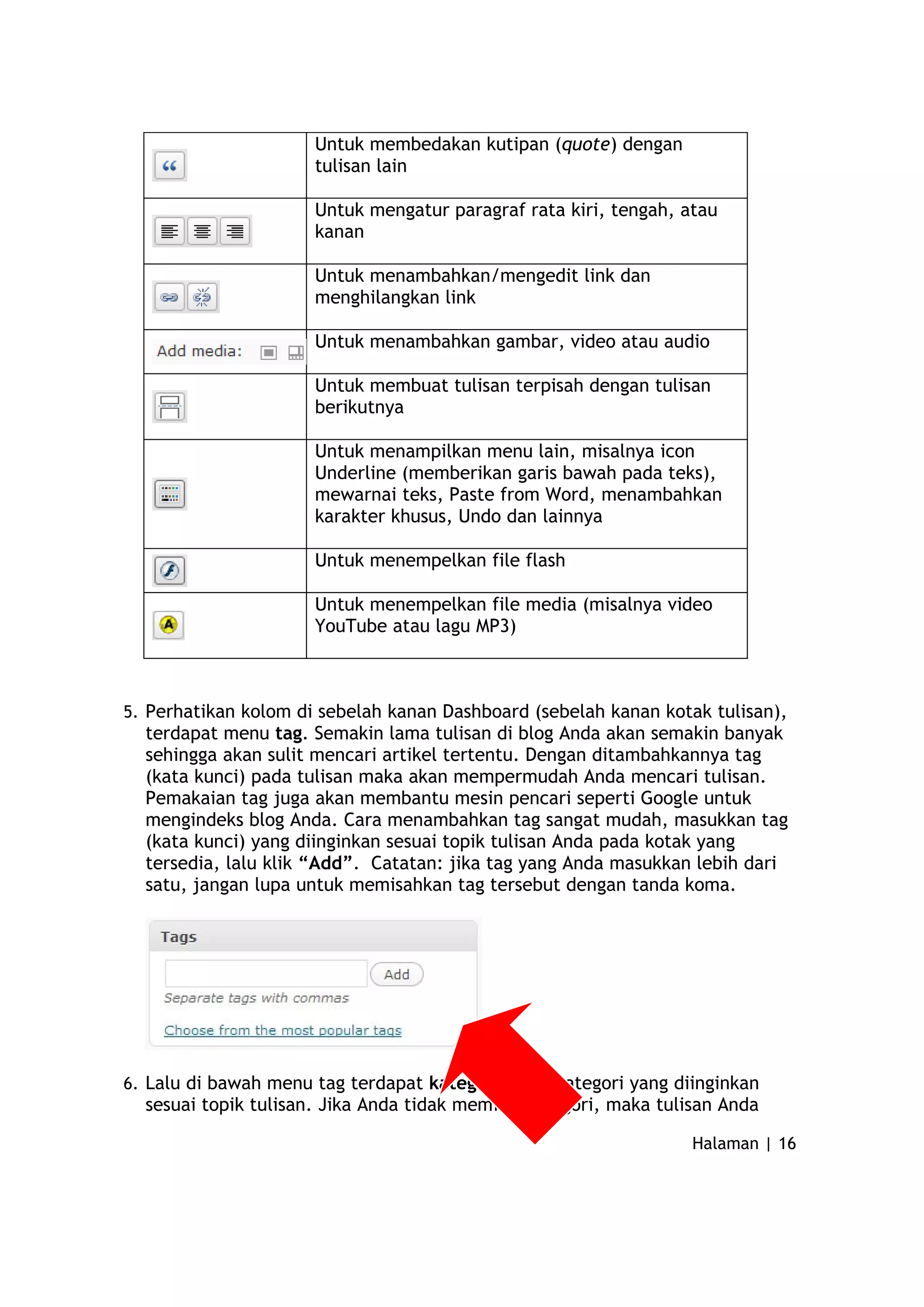 Untuk membedakan kutipan (quote) dengan
tulisan lain
Untuk mengatur paragraf rata kiri, tengah, atau
kanan
Untuk menambahkan/mengedit link dan
menghilangkan link
Untuk menambahkan gambar, video atau audio
Untuk membuat tulisan terpisah dengan tulisan
berikutnya
Untuk menampilkan menu lain, misalnya icon
Underline (memberikan garis bawah pada teks),
mewarnai teks, Paste from Word, menambahkan
karakter khusus, Undo dan lainnya
Untuk menempelkan file flash
Untuk menempelkan file media (misalnya video
YouTube atau lagu MP3)
5. Perhatikan kolom di sebelah kanan Dashboard (sebelah kanan kotak tulisan),
terdapat menu tag. Semakin lama tulisan di blog Anda akan semakin banyak
sehingga akan sulit mencari artikel tertentu. Dengan ditambahkannya tag
(kata kunci) pada tulisan maka akan mempermudah Anda mencari tulisan.
Pemakaian tag juga akan membantu mesin pencari seperti Google untuk
mengindeks blog Anda. Cara menambahkan tag sangat mudah, masukkan tag
(kata kunci) yang diinginkan sesuai topik tulisan Anda pada kotak yang
tersedia, lalu klik “Add”. Catatan: jika tag yang Anda masukkan lebih dari
satu, jangan lupa untuk memisahkan tag tersebut dengan tanda koma.
6. Lalu di bawah menu tag terdapat kategori. Pilih kategori yang diinginkan
sesuai topik tulisan. Jika Anda tidak memilih kategori, maka tulisan Anda
Halaman | 16
 
