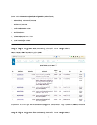 11
Fitur- fitu Pada Modul Payment Management (Pembayaran)
1. Monitoring Posisi SPM/Invoice
2. Hold SPM/Invoice
3. Daftar P...
