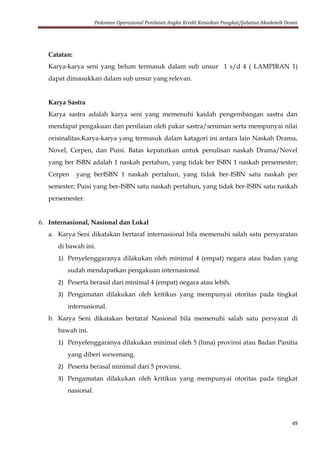 Pedoman Operasional Penilaian Angka Kredit Kenaikan Pangkat/Jabatan Akademik Dosen
49
Catatan:
Karya-karya seni yang belum termasuk dalam sub unsur 1 s/d 4 ( LAMPIRAN 1)
dapat dimasukkan dalam sub unsur yang relevan.
Karya Sastra
Karya sastra adalah karya seni yang memenuhi kaidah pengembangan sastra dan
mendapat pengakuan dan penilaian oleh pakar sastra/seniman serta mempunyai nilai
orisinalitas.Karya-karya yang termasuk dalam katagori ini antara lain Naskah Drama,
Novel, Cerpen, dan Puisi. Batas kepatutkan untuk penulisan naskah Drama/Novel
yang ber ISBN adalah 1 naskah pertahun, yang tidak ber ISBN 1 naskah persemester;
Cerpen yang berISBN 1 naskah pertahun, yang tidak ber-ISBN satu naskah per
semester; Puisi yang ber-ISBN satu naskah pertahun, yang tidak ber-ISBN satu naskah
persemester.
6. Internasional, Nasional dan Lokal
a. Karya Seni dikatakan bertaraf internasional bila memenuhi salah satu persyaratan
di bawah ini.
1) Penyelenggaranya dilakukan oleh minimal 4 (empat) negara atau badan yang
sudah mendapatkan pengakuan internasional.
2) Peserta berasal dari minimal 4 (empat) negara atau lebih.
3) Pengamatan dilakukan oleh kritikus yang mempunyai otoritas pada tingkat
internasional.
b. Karya Seni dikatakan bertaraf Nasional bila memenuhi salah satu persyarat di
bawah ini.
1) Penyelenggaranya dilakukan minimal oleh 5 (lima) provinsi atau Badan Panitia
yang diberi wewenang.
2) Peserta berasal minimal dari 5 provinsi.
3) Pengamatan dilakukan oleh kritikus yang mempunyai otoritas pada tingkat
nasional.
 