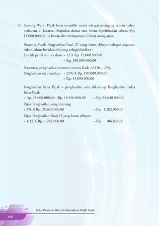 B.	 Seorang Wajib Pajak baru memiliki usaha sebagai pedagang eceran bahan
          makanan di Jakarta. Penjualan dalam satu bulan diperkirakan sebesar Rp.
          15.000.000,00. Ia kawin dan mempunyai 2 (dua) orang anak.

      	 Besarnya Pajak Penghasilan Pasal 25 yang harus dibayar sebagai angsuran
        dalam tahun berjalan dihitung sebagai berikut :
      	 Jumlah peredaran setahun	 = 12 X Rp. 15.000.000,00
      							                     = Rp. 180.000.000,00	
      	 Persentase penghasilan menurut norma Kode 62320 = 25%
      	 Penghasilan neto setahun	 = 25% X Rp. 180.000.000,00
      							                     = Rp. 45.000.000,00

      	   Penghasilan Kena Pajak = penghasilan neto dikurangi Penghasilan Tidak
          Kena Pajak		
      	   = Rp. 45.000.000,00 - Rp. 19.360.000,00	   = Rp. 25.640.000,00
      	   Pajak Penghasilan yang terutang		
      	   = 5% X Rp. 25.640.000,00		                       = Rp. 1.282.000,00
      	   Pajak Penghasilan Pasal 25 yang harus dibayar		
      	   = 1/12 X Rp. 1.282.000,00		                   = Rp.     106.833,00




                  Buku Panduan Hak dan Kewajiban Wajib Pajak

126
 