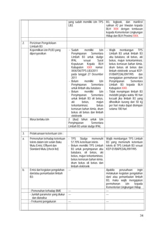 34
yang sudah memiliki izin TPS
LB3.
B3, logbook, dan manifest
salinan #2 per triwulan kepada
BLH XXX dengan tembusan
kepada Kementerian Lingkungan
Hidup dan BLH Provinsi XXX.
2. Perizinan Pengelolaan
Limbah B3
Kepemilikan izin PLB3 yang
dipersyaratkan
- Sudah memiliki Izin
Penyimpanan Sementara
Limbah B3 untuk sludge
IPAL sesuai Surat
Keputusan Kepala BLH
Kabupaten XXX nomor:
XXX//SK/TPS-LB3/2011
pada tanggal 27 Desember
2011
- Belum memiliki Izin
Penyimpanan Sementara
untuk limbah abu batubara
- Belum memiliki Izin
Penyimpanan Sementara
untuk limbah B3 oli bekas,
aki bekas, majun
terkontaminasi, bekas
kemasan bahan kimia, drum
bekas oli bekas dan limbah
elektronik
- Wajib membangun TPS
Limbah B3 untuk limbah B3
abu batubara, oli bekas, aki
bekas, majun terkontaminasi,
bekas kemasan bahan kimia,
drum bekas oli bekas dan
limbah elektronik sesuai KEP-
01/BAPEDAL/09/1995 dan
mengajukan permohonan Izin
Penyimpanan Sementara
Limbah B3 kepada BLH
Kabupaten XXX.
- Tidak menyimpan limbah B3
melebihi jangka waktu 90 hari
kecuali jika limbah B3 yang
dihasilkan kurang dari 50 kg
per hari maka dapat disimpan
selama 180 hari
Masa berlaku izin 2 (dua) tahun untuk Izin
Penyimpanan Sementara
Limbah B3 untuk sludge IPAL
3. Pelaksanaan ketentuan izin :
a. Pemenuhan terhadap ketentuan
teknis dalam izin selain Baku
Mutu Emisi, Effluent dan
Standard Mutu (check list)
- TPS Sludge memenuhi
57.70% ketentuan teknis
- Belum memiliki TPS Limbah
B3 untuk penyimpanan abu
batubara, oli bekas, aki
bekas, majun terkontaminasi,
bekas kemasan bahan kimia,
drum bekas oli bekas dan
limbah elektronik
Wajib membangun TPS Limbah
B3 yang memenuhi ketentuan
teknis di TPS Limbah B3 sesuai
KEP-01/BAPEDAL/09/1995.
b. Emisi dari kegiatan pengolahan
dan/atau pemanfaatan limbah
B3:
--- Apabila perusahaan ingin
melakukan kegiatan pengolahan
dan/ atau pemanfaatan limbah
B3, maka wajib mengajukan
permohonan izin kepada
Kementerian Lingkungan Hidup
- Pemenuhan terhadap BME --- ---
- Jumlah parameter yang diukur
dan dianalisa
--- ---
- Frekuensi pengukuran --- ---
 