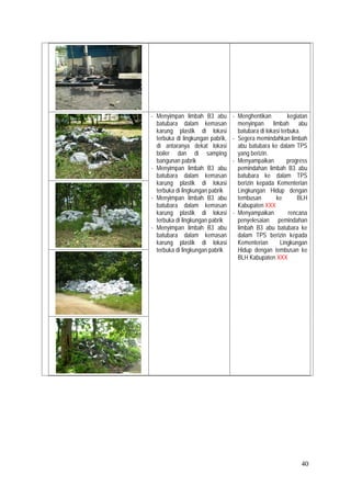 40
- Menyimpan limbah B3 abu
batubara dalam kemasan
karung plastik di lokasi
terbuka di lingkungan pabrik,
di antaranya dekat lokasi
boiler dan di samping
bangunan pabrik
- Menyimpan limbah B3 abu
batubara dalam kemasan
karung plastik di lokasi
terbuka di lingkungan pabrik
- Menyimpan limbah B3 abu
batubara dalam kemasan
karung plastik di lokasi
terbuka di lingkungan pabrik
- Menyimpan limbah B3 abu
batubara dalam kemasan
karung plastik di lokasi
terbuka di lingkungan pabrik
- Menghentikan kegiatan
menyinpan limbah abu
batubara di lokasi terbuka.
- Segera memindahkan limbah
abu batubara ke dalam TPS
yang berizin.
- Menyampaikan progress
pemindahan limbah B3 abu
batubara ke dalam TPS
berizin kepada Kementerian
Lingkungan Hidup dengan
tembusan ke BLH
Kabupaten XXX
- Menyampaikan rencana
penyelesaian pemindahan
limbah B3 abu batubara ke
dalam TPS berizin kepada
Kementerian Lingkungan
Hidup dengan tembusan ke
BLH Kabupaten XXX
 