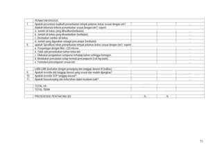 71
PENAATAN KHUSUS
7. Apakah persentase kualitatif pemanfaatan minyak pelumas bekas sesuai dengan izin?   …
Adakah Informasi kriteria pemanfaatan sesuai dengan izin?, seperti:
a. Jumlah oli bekas yang dihasilkan(ton/bulan).   …
b. Jumlah oli bekas yang dimanfaatkan (ton/bulan).   …
c. Disebutkan sumber oli bekas.   …
d. Jumlah yang digunakan sebagai pencampur (ton/bulan).   …
8. apakah Spesifikasi teknis pemanfaatan minyak pelumas bekas sesuai dengan izin?, seperti :
a. Penyaringan dengan filter <220 micron.   …
b. Tidak ada penambahan bahan kimia lain.   …
c. Dilakukan pengadukan sempurna terhadap bahan sehingga homogen.   …
d. Melakukan pencatatan setiap formula pencampuran (cek log book).   …
e. Formulasi pencampuran sesuai izin.   …
LAIN-LAIN (berkaitan dengan penunjang dan tanggap darurat di fasilitas)
9. Apakah tersedia alat tanggap darurat yang sesuai dan mudah dijangkau?   …
10. Apakah tersedia SOP tanggap darurat?   …
11. Apakah housekeeping dan kebersihan dalam keadaan baik?   …
TOTAL YA …
TOTAL TIDAK …
PROSENTASE PENTAATAN LB3 ...% ...%
 