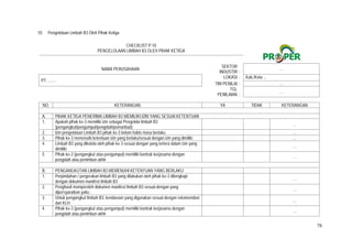 78
10. Pengelolaan Limbah B3 Oleh Pihak Ketiga
CHECKLIST P.10
PENGELOLAAN LIMBAH B3 OLEH PIHAK KETIGA
NAMA PERUSAHAAN
SEKTOR
INDUSTRI :
…
PT. ........
LOKASI : Kab./Kota ...
TIM PENILAI : …
TGL
PENILAIAN :
…
NO. KETERANGAN YA TIDAK KETERANGAN
A. PIHAK KETIGA PENERIMA LIMBAH B3 MEMILIKI IZIN YANG SESUAI KETENTUAN
1. Apakah pihak ke-3 memiliki izin sebagai Pengelola limbah B3
(pengangkut/pengumpul/pengolah/pemanfaat)
  …
2. Izin pengelolaan Limbah B3 pihak ke-3 belum habis masa berlaku   …
3. Pihak ke-3 memenuhi ketentuan izin yang berlaku/sesuai dengan izin yang dimiliki   …
4. Limbah B3 yang dikelola oleh pihak ke-3 sesuai dengan yang tertera dalam izin yang
dimiliki
  …
5. Pihak ke-3 (pengangkut atau pengumpul) memiliki kontrak kerjasama dengan
pengolah atau penimbun akhir
  …
B. PENGANGKUTAN LIMBAH B3 MEMENUHI KETENTUAN YANG BERLAKU
1. Perpindahan / pergerakan limbah B3 yang dilakukan oleh pihak ke-3 dilengkapi
dengan dokumen manifest limbah B3
  …
2. Penghasil memperoleh dokumen manifest limbah B3 sesuai dengan yang
dipersyaratkan yaitu :
  …
3. Untuk pengangkut limbah B3, kendaraan yang digunakan sesuai dengan rekomendasi
dari KLH
  …
4. Pihak ke-3 (pengangkut atau pengumpul) memiliki kontrak kerjasama dengan
pengolah atau penimbun akhir
  …
 