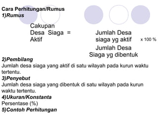Cara Perhitungan/Rumus
1)Rumus

           Cakupan
           Desa Siaga =               Jumlah Desa
           Aktif                      siaga yg aktif     x 100 %

                                      Jumlah Desa
                                    Siaga yg dibentuk
2)Pembilang
Jumlah desa siaga yang aktif di satu wilayah pada kurun waktu
tertentu.
3)Penyebut
Jumlah desa siaga yang dibentuk di satu wilayah pada kurun
waktu tertentu.
4)Ukuran/Konstanta
Persentase (%)
5)Contoh Perhitungan
 