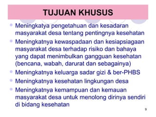 TUJUAN KHUSUS
 Meningkatya  pengetahuan dan kesadaran
  masyarakat desa tentang pentingnya kesehatan
 Meningkatnya kewaspadaan dan kesiapsiagaan
  masyarakat desa terhadap risiko dan bahaya
  yang dapat menimbulkan gangguan kesehatan
  (bencana, wabah, darurat dan sebagainya)
 Meningkatnya keluarga sadar gizi & ber-PHBS
 Meningkatnya kesehatan lingkungan desa
 Meningkatnya kemampuan dan kemauan
  masyarakat desa untuk menolong dirinya sendiri
  di bidang kesehatan
                                               9
 
