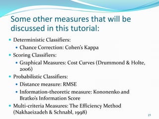 Some other measures that will be
discussed in this tutorial:
 Deterministic Classifiers:
 Chance Correction: Cohen’s Kap...