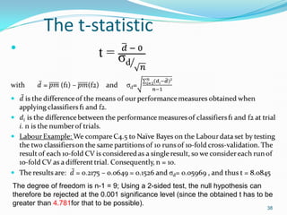 The t-statistic

38
The degree of freedom is n-1 = 9; Using a 2-sided test, the null hypothesis can
therefore be rejected...