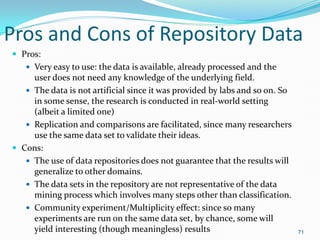 Pros and Cons of Repository Data
 Pros:
 Very easy to use: the data is available, already processed and the
user does no...
