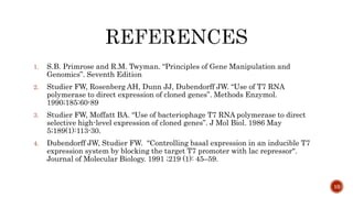 1. S.B. Primrose and R.M. Twyman. “Principles of Gene Manipulation and
Genomics”. Seventh Edition
2. Studier FW, Rosenberg AH, Dunn JJ, Dubendorff JW. “Use of T7 RNA
polymerase to direct expression of cloned genes”. Methods Enzymol.
1990;185:60-89
3. Studier FW, Moffatt BA. “Use of bacteriophage T7 RNA polymerase to direct
selective high-level expression of cloned genes”. J Mol Biol. 1986 May
5;189(1):113-30.
4. Dubendorff JW, Studier FW. "Controlling basal expression in an inducible T7
expression system by blocking the target T7 promoter with lac repressor".
Journal of Molecular Biology. 1991 ;219 (1): 45–59.
10
 