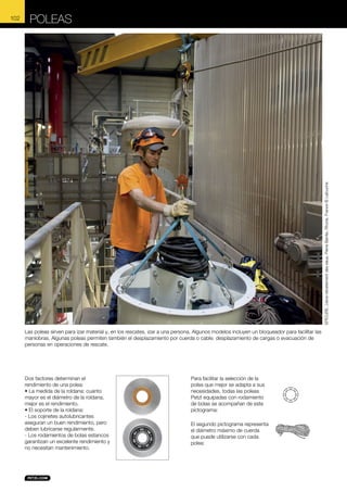 POLEAS

EPICURE, Usine retraitement des eaux, Pierre Benite, Rhone, France © Lafouche

102

Las poleas sirven para izar material y, en los rescates, izar a una persona. Algunos modelos incluyen un bloqueador para facilitar las
maniobras. Algunas poleas permiten también el desplazamiento por cuerda o cable: desplazamiento de cargas o evacuación de
personas en operaciones de rescate.

Dos factores determinan el
rendimiento de una polea:
• La medida de la roldana: cuanto
mayor es el diámetro de la roldana,
mejor es el rendimiento.
• El soporte de la roldana:
- Los cojinetes autolubricantes
aseguran un buen rendimiento, pero
deben lubricarse regularmente.
- Los rodamientos de bolas estancos
garantizan un excelente rendimiento y
no necesitan mantenimiento.

Para facilitar la selección de la
polea que mejor se adapta a sus
necesidades, todas las poleas
Petzl equipadas con rodamiento
de bolas se acompañan de este
pictograma:
El segundo pictograma representa
el diámetro máximo de cuerda
que puede utilizarse con cada
polea:

 