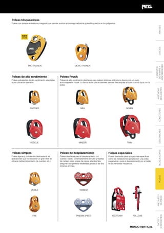 Poleas bloqueadoras
ARNESES

Poleas con sistema antirretorno integrado que permite sustituir el montaje tradicional polea/bloqueador en los polipastos.

PRO TRAXION

MICRO TRAXION

Poleas Prusik

Poleas polivalentes de alto rendimiento adaptadas
a una utilización intensiva.

Poleas de alto rendimiento diseñadas para realizar sistemas antirretorno ligeros con un nudo
autobloqueante Prusik. La forma de las placas laterales permite desbloquear el nudo cuando topa con la
polea.

MINI

GEMINI

RESCUE

MINDER

TWIN

Poleas de desplazamiento

Poleas especiales

Poleas ligeras y polivalentes destinadas a las
aplicaciones que no necesitan un gran nivel de
eficacia (redireccionamiento de cuerdas, etc.).

Poleas diseñadas para el desplazamiento por
cuerda o cable. Extremadamente simples y rápidas
de instalar, estas poleas de placas laterales fijas
aseguran una perfecta estabilidad gracias a las dos
roldanas en línea.

Poleas diseñadas para aplicaciones específicas
como las instalaciones que precisan una polea
pasanudos o para el desplazamiento por el cable
en los remontes mecánicos.

POLEAS

Poleas simples

BLOQUEADORES

DESCENSORES

PARTNER

CONECTORES

ANTICAÍDAS
DESLIZANTES

Poleas de alto rendimiento

ELEMENTOS
DE AMARRE Y
ABSORBEDORES

CASCOS

NEW
2014

TANDEM

FIXE

TANDEM SPEED

KOOTENAY

ROLLCAB

MUNDO VERTICAL

SACOS Y
ACCESSORIOS

ANCLAJES Y
CUERDAS

MOBILE

 
