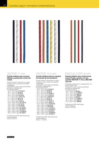 118

Cuerdas según normativa norteamericana

VECTOR 11 mm

VECTOR 12,5 mm

RESCUE CORD 8 mm

Cuerda estática para accesos
difíciles y protección contra las
caídas

Cuerda estática para los equipos
de rescate de los bomberos

Cuerda estática para confeccionar
nudos Prusik y usarlos con las
cuerdas VECTOR 11 mm y VECTOR
12,5 mm

• Fusion Process™ que permite a la cuerda
mantener su forma y ofrecer una excelente
manejabilidad.
• Disponible en cuatro colores para identificar
fácilmente los diferentes kits.
• Longitudes estándar:
- 46 m / 150 ft: blanco (R1146 W).
- 46 m / 150 ft: rojo (R1146 R).
- 46 m / 150 ft: azul (R1146 B).
- 46 m / 150 ft: negro (R1146 N).
- 61 m / 200 ft: blanco (R1161 W).
- 61 m / 200 ft: rojo (R1161 R).
- 61 m / 200 ft: azul (R1161 B).
- 61 m / 200 ft: negro (R1161 N).
- 183 m / 600 ft: blanco (R11183 W).
- 183 m / 600 ft: rojo (R11183 R).
- 183 m / 600 ft: azul (R11183 B).
- 183 m / 600 ft: negro (R11183 N).
- 200 m / 656 ft: blanco (R11200 W).
- 200 m / 656 ft: negro (R11200 N).
- 366 m /1200 ft: blanco (R11366 W).
- 366 m /1200 ft: negro (R11366 N).
• Certificaciones: NFPA 1983 Technical Use
(cuerdas estáticas).
• Peso: 6 lb/100 ft.

• Fusion Process™ que permite a la cuerda
mantener su forma y ofrecer una excelente
manejabilidad.
• Disponible en seis colores para identificar
fácilmente los diferentes kits.
• Longitudes estándar:
- 46 m / 150 ft: blanco (R1246 W).
- 46 m / 150 ft: rojo (R1246 R).
- 46 m / 150 ft: azul (R1246 B).
- 46 m / 150 ft: amarillo (R1246 Y).
- 46 m / 150 ft: naranja (R1246 O).
- 61 m / 200 ft: blanco (R1261 W).
- 61 m / 200 ft: rojo (R1261 R).
- 61 m / 200 ft: azul (R1261 B).
- 61 m / 200 ft: amarillo (R1261 Y).
- 61 m / 200 ft: naranja (R1261 O).
- 183 m / 600 ft: blanco (R12183 W).
- 183 m / 600 ft: rojo (R12183 R).
- 183 m / 600 ft: azul (R12183 B).
- 183 m / 600 ft: amarillo (R12183 Y).
- 183 m / 600 ft: naranja (R12183 O).
- 183 m / 600 ft: negro (R12183 N).
- 366 m /1200 ft: blanco (R12366 W).
- 366 m /1200 ft: negro (R12366 N).
Certificaciones: NFPA 1983 General Use
(cuerdas estáticas).
• Peso: 7,7 lb/100 ft.

• Excelentes prestaciones en el aseguramiento con
técnica Tandem Prusik.
• Disponible en cuatro colores para identificar
fácilmente los diferentes kits.
• Longitudes estándar:
- 46 m / 150 ft: rojo (R846 R).
- 46 m / 150 ft: naranja (R846 O).
- 46 m / 150 ft: verde (R846 G).
- 46 m / 150 ft: negro (R846 N).
- 92 m / 300 ft: rojo (R892 R).
- 92 m / 300 ft: naranja (R892 O).
- 92 m / 300 ft: verde (R892 G).
- 92 m / 300 ft: negro (R892 N)
Certificaciones: NFPA 1983 Escape
(cuerdas estáticas).
• Peso: 3,3 lb/100 ft.

 