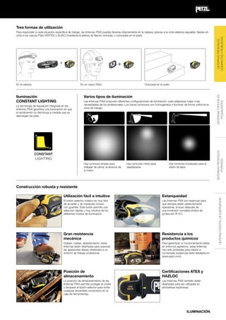 Para responder a cada situación específica de trabajo, las linternas PIXA pueden llevarse directamente en la cabeza, gracias a la cinta elástica regulable, fijadas sin
cinta a los cascos Petzl VERTEX o ALVEO (mediante la pletina de fijación incluida), o colocadas en el suelo.

+

En un casco Petzl

Iluminación
CONSTANT LIGHTING

Colocada en el suelo

Varios tipos de iluminación

La tecnología de regulación integrada en las
linternas PIXA garantiza una iluminación en que
el rendimiento no disminuye a medida que se
descargan las pilas.

Las linternas PIXA proponen diferentes configuraciones de iluminación, para adaptarse mejor a las
necesidades de los profesionales. Los haces luminosos son homogéneos e iluminan de forma uniforme la
zona de trabajo.

CONSTANT
LIGHTING
Haz luminoso amplio para
trabajar de cerca, al alcance de
la mano

Haz luminoso mixto para
desplazarse

Haz luminoso focalizado para la
visión de lejos

LINTERNAS FRONTALES
POLIVALENTES

En la cabeza

LINTERNAS FRONTALES
POTENTES

+

LINTERNAS FRONTALES
COMPACTAS Y ROBUSTAS

Tres formas de utilización

Utilización fácil e intuitiva

Estanqueidad

El botón-selector rotativo es muy fácil
de acceder y de manipular incluso
con guantes. Este botón permite una
selección rápida y muy intuitiva de los
diferentes modos de iluminación.

Las linternas PIXA son estancas para
que siempre estén perfectamente
operativas, incluso después de
una inmersión completa (índice de
protección IP 67).

Gran resistencia
mecánica

Resistencia a los
productos químicos

Golpes, caídas, aplastamiento: estas
linternas están diseñadas para soportar
las agresiones diarias inherentes a un
entorno de trabajo profesional.

Para garantizar un funcionamiento fiable
en entornos agresivos, estas linternas
han sido probadas para resistir a
numerosas sustancias (lista detallada en
www.petzl.com).

Posición de
almacenamiento

Certificaciones ATEX y
HAZLOC

La posición de almacenamiento de las
linternas PIXA permite proteger el cristal
y bloquear el botón-selector para evitar
cualquier encendido involuntario en la
caja de herramientas.

Las linternas PIXA también están
diseñadas para ser utilizadas en
atmósferas explosivas.

ILUMINACIÓN

LINTERNA FRONTAL DE EMERGENCIA

Construcción robusta y resistente

 