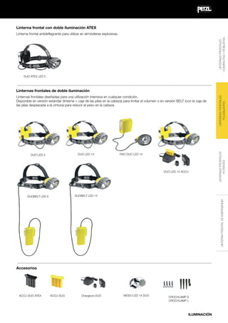Linterna frontal con doble iluminación ATEX
LINTERNAS FRONTALES
COMPACTAS Y ROBUSTAS

Linterna frontal antideflagrante para utilizar en atmósferas explosivas.

DUO ATEX LED 5

DUO LED 14

DUO LED 5

FIXO DUO LED 14

DUO LED 14 ACCU

LINTERNAS FRONTALES
POTENTES

Linternas frontales diseñadas para una utilización intensiva en cualquier condición.
Disponible en versión estándar (linterna + caja de las pilas en la cabeza) para limitar el volumen o en versión BELT (con la caja de
las pilas desplazada a la cintura) para reducir el peso en la cabeza.

LINTERNAS FRONTALES
POLIVALENTES

Linternas frontales de doble iluminación

DUOBELT LED 14
LINTERNA FRONTAL DE EMERGENCIA

DUOBELT LED 5

Accesorios

ACCU DUO ATEX

ACCU DUO

Chargeurs DUO

MODU’LED 14 DUO

CROCHLAMP S
CROCHLAMP L

ILUMINACIÓN

 