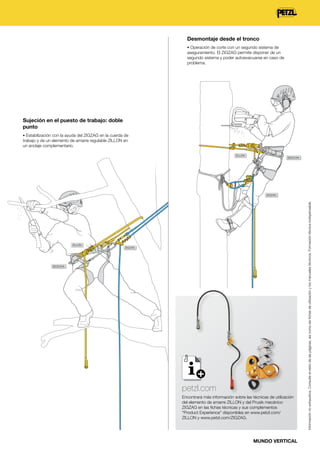 Desmontaje desde el tronco
• Operación de corte con un segundo sistema de

aseguramiento. El ZIGZAG permite disponer de un
segundo sistema y poder autoevacuarse en caso de
problema.

Sujeción en el puesto de trabajo: doble
punto
• Estabilización con la ayuda del ZIGZAG en la cuerda de

trabajo y de un elemento de amarre regulable ZILLON en
un anclaje complementario.
ZILLON

SEQUOIA

ZILLON

ZIGZAG

SEQUOIA

petzl.com
Encontrará más información sobre las técnicas de utilización
del elemento de amarre ZILLON y del Prusik mecánico
ZIGZAG en las fichas técnicas y sus complementos
"Product Experience" disponibles en www.petzl.com/
ZILLON y www.petzl.com/ZIGZAG.

MUNDO VERTICAL

Información no exhaustiva. Consulte el resto de las páginas, así como las fichas de utilización y los manuales técnicos. Formación técnica indispensable.

ZIGZAG

 