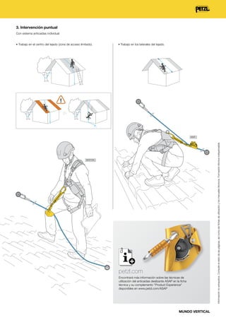 3. Intervención puntual
Con sistema anticaídas individual
• Trabajo en el centro del tejado (zona de acceso limitado).

• Trabajo en los laterales del tejado.

NEWTON

petzl.com
Encontrará más información sobre las técnicas de
utilización del anticaídas deslizante ASAP en la ficha
técnica y su complemento "Product Experience"
disponibles en www.petzl.com/ASAP

MUNDO VERTICAL

Información no exhaustiva. Consulte el resto de las páginas, así como las fichas de utilización y los manuales técnicos. Formación técnica indispensable.

ASAP

 