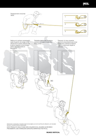Desplazamiento horizontal
rápido
1

2
EXO

3

Salida por la ventana manteniendo
sujeto el gancho de anclaje en el
reborde de la ventana. Bloqueo de
la pierna izquierda contra la pared
interior para acompañar el
movimiento.

Restablecimiento bajo la ventana
manteniendo sujeto el cabo libre
de la cuerda.

Descenso: la mano izquierda
acciona la empuñadura para iniciar
el descenso mientras la derecha
sujeta la cuerda para regular la
velocidad.

EXO

Información no exhaustiva. Consulte el resto de las páginas, así como las fichas de utilización y los manuales
técnicos. Formación técnica indispensable.

ESTE PRODUCTO SÓLO PUEDE SER UTILIZADO SI EL USUARIO HA RECIBIDO
PREVIAMENTE UNA FORMACIÓN ESPECÍFICA IMPARTIDA POR PETZL.

MUNDO VERTICAL

 