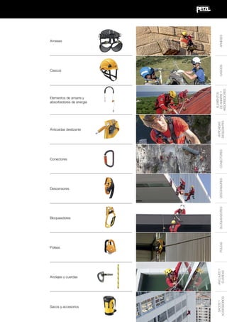 Conectores

Descensores

Bloqueadores

ARNESES
CASCOS
ELEMENTOS
DE AMARRE Y
ABSORBEDORES
ANTICAÍDAS
DESLIZANTES

Anclajes y cuerdas

ANCLAJES Y
CUERDAS

Sacos y accesorios

SACOS Y
ACCESSORIOS

Poleas

CONECTORES

Anticaídas deslizante

DESCENSORES

Elementos de amarre y
absorbedores de energía

BLOQUEADORES

Cascos

POLEAS

Arneses

 