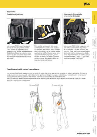 Organización óptima de las
herramientas de trabajo

Los arneses AVAO están equipados con un punto de enganche dorsal que permite conectar un sistema anticaídas. En caso de
caída, el peso del usuario queda automáticamente repartido en las perneras para reducir los puntos de tensión. Así el usuario
puede permanecer en suspensión más tiempo mientras se espera a los servicios de rescate.
Atención: siempre deben prepararse previamente las disposiciones necesarias según el plan de rescate del lugar, para poder
socorrer a la víctima lo antes posible.

ANCLAJES Y
CUERDAS

POLEAS

BLOQUEADORES

Arneses estándar

DESCENSORES

Posición post-caída menos traumatizante

Arneses AVAO

ANTICAÍDAS
DESLIZANTES

Los arneses AVAO están equipados con
seis anillos portamaterial dispuestos
en los laterales y la parte posterior del
cinturón. Están preformados para facilitar
la conexión de los mosquetones. Cada
arnés dispone también de trabillas para el
portaherramientas CARITOOL y la bolsa
portaherramientas TOOLBAG.

CONECTORES

Para facilitar la colocación del arnés,
con los pies en el suelo o con zapatos
voluminosos, los arneses AVAO también
están disponibles con las nuevas hebillas
automáticas FAST en las perneras. Una
vez completamente reguladas, estas
hebillas se abren y se cierran de forma
simple y rápida: el arnés se coloca sin
tener que aflojar las hebillas.

MUNDO VERTICAL

SACOS Y
ACCESSORIOS

Los arneses AVAO pueden ajustarse
al nivel del cinturón y de los tirantes.
Estos puntos de regulación están
equipados con hebillas autobloqueantes
DoubleBack. Éstas no requieren volver
a pasar la cinta para estar bloqueadas:
el arnés se ajusta fácilmente en pocos
segundos.

ELEMENTOS
DE AMARRE Y
ABSORBEDORES

CASCOS

Regulaciones prácticas

ARNESES

Ergonomía

 