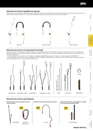 GRILLON HOOK

GRILLON MGO

Elementos de amarre con absorbedor de energía

ABSORBICA-Y

ABSORBICA-Y MGO

JANE

JANE MGO

ABSORBICA

Elementos de amarre especializados

NEW
2014

PROGRESS

VERTIGO
TWIST-LOCK

Elementos de amarre de sujeción para poda.

NEW
2014

Elementos de amarre con absorbedor de energía
para el anticaídas deslizante ASAP.

NEW
2014

ZILLON

ANCLAJES Y
CUERDAS

Elementos de amarre de progresión para los
accesos difíciles.

BLOQUEADORES

ABSORBICA-I MGO

ASAP'SORBER

MUNDO VERTICAL

SACOS Y
ACCESSORIOS

ABSORBICA-I

POLEAS

DELTA

DESCENSORES

CONECTORES

Elementos de amarre con absorbedor de energía utilizados en caso de riesgo de caída. El absorbedor de energía, dimensionado en función de la longitud del
elemento de amarre, permite disipar la energía de la caída por desgarro de una cinta o de unas costuras específicas. Petzl propone dos tipos de elementos de
amarre con absorbedor:
- Los indisociables, con un sólo cabo en "I" los trabajos en lugares fijos (ABSORBICA-I), o con dos cabos en «Y» para la progresión (ABSORBICA-Y).
- Los que se pueden montar, de una longitud máxima de dos metros. Mediante el ABSORBICA y los JANE se pueden montar elementos de amarre asimétricos,
elementos de amarre mixtos con dos conectores diferentes, etc.

ANTICAÍDAS
DESLIZANTES

GRILLON

ELEMENTOS
DE AMARRE Y
ABSORBEDORES

CASCOS

Elementos de amarre regulables utilizados para realizar sistemas de sujeción como complemento a un dispositivo anticaídas. Permiten ajustar con precisión y con
gran facilidad la longitud necesaria, en función de las características del lugar de trabajo, para posicionarse confortablemente.

ARNESES

Elementos de amarre regulables de sujeción

 