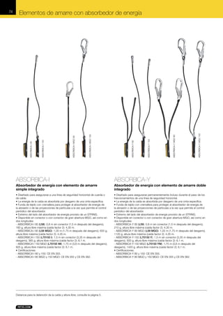 ABSORBICA-Y MGO 150

ABSORBICA-Y MGO 80

ABSORBICA-Y 150

ABSORBICA-Y 80

ABSORBICA-I MGO 150

ABSORBICA-I MGO 80

ABSORBICA-I 150

Elementos de amarre con absorbedor de energía

ABSORBICA-I 80

74

ABSORBICA-I

ABSORBICA-Y

Absorbedor de energía con elemento de amarre
simple integrado

Absorbedor de energía con elemento de amarre doble
integrado

• Diseñado para asegurarse a una línea de seguridad horizontal de cuerda o
de cable.
• La energía de la caída es absorbida por desgarro de una cinta específica.
• Funda de tejido con cremallera para proteger al absorbedor de energía de
la abrasión o de las proyecciones de partículas a la vez que permite el control
periódico del absorbedor.
• Extremo del lado del absorbedor de energía provisto de un STRING.
• Disponible sin conector o con conector de gran abertura MGO, así como en
dos longitudes:
- ABSORBICA-I 80 (L58): 0,8 m sin conector (1,5 m después del desgarro),
160 g, altura libre máxima (caída factor 2): 4,35 m.
- ABSORBICA-I 80 (L58 MGO): 1,05 m (1,75 m después del desgarro), 655 g,
altura libre máxima (caída factor 2): 4,35 m.
- ABSORBICA-I 150 (L70150 I): 1,5 m sin conector (3,35 m después del
desgarro), 365 g, altura libre máxima (caída factor 2): 6,1 m.
- ABSORBICA-I 150 MGO (L70150 IM): 1,75 m (3,6 m después del desgarro),
825 g, altura libre máxima (caída factor 2): 6,1 m.
• Certificaciones:
- ABSORBICA-I 80 y 150: CE EN 355.
- ABSORBICA-I 80 MGO y 150 MGO: CE EN 355 y CE EN 362.

• Diseñado para asegurarse permanentemente incluso durante el paso de los
fraccionamientos de una línea de seguridad horizontal.
• La energía de la caída es absorbida por desgarro de una cinta específica.
• Funda de tejido con cremallera para proteger al absorbedor de energía de
la abrasión o de las proyecciones de partículas a la vez que permite el control
periódico del absorbedor.
• Extremo del lado del absorbedor de energía provisto de un STRING.
• Disponible sin conector o con conector de gran abertura MGO, así como en
dos longitudes:
- ABSORBICA-Y 80 (L59): 0,8 m sin conector (1,5 m después del desgarro),
210 g, altura libre máxima (caída factor 2): 4,35 m.
- ABSORBICA-Y 80 MGO (L59 MGO): 1,05 m (1,75 m después del desgarro),
1120 g, altura libre máxima (caída factor 2): 4,35 m.
- ABSORBICA-Y 150 (L70150 Y): 1,5 m sin conector (3,35 m después del
desgarro), 500 g, altura libre máxima (caída factor 2): 6,1 m.
- ABSORBICA-Y 150 MGO (L70150 YM): 1,75 m (3,6 m después del
desgarro), 1420 g, altura libre máxima (caída factor 2): 6,1 m.
• Certificaciones:
- ABSORBICA-Y 80 y 150: CE EN 355.
- ABSORBICA-Y 80 MGO y 150 MGO: CE EN 355 y CE EN 362.

Distancia para la detención de la caída y altura libre, consulte la página 5.

 