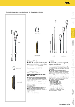 ELEMENTOS
DE AMARRE Y
ABSORBEDORES

CASCOS

ARNESES

Elementos de amarre con absorbedor de energía para montar

Maillón de acero, forma triangular

+

JANE
Elemento de amarre no regulable
de cuerda dinámica

• Para conectar los elementos de amarre JANE a
un absorbedor de energía ABSORBICA.

DELTA n° 8

Consulte las páginas CONECTORES.

ABSORBICA L57

+

Absorbedor de energía de cinta
por desgarro

ABSORBICA

• Para utilizar en combinación con un elemento
de amarre JANE para formar un absorbedor de
energía con elemento de amarre de una longitud
máxima de dos metros.
• Extremos provistos de un STRING para mantener
el conector en la posición correcta y proteger la
cinta de la abrasión.
• Compacto y ligero.
• Longitud: 0,2 m.
- Longitud después desgarro completo: 1,6 m.
• Altura libre máxima (caída factor 2): 3,9 m +
longitud del absorbedor de energía, elemento de
amarre y conectores.
• Peso: 154 g.
• Certificaciones: CE EN 355.

• Permite montar, con un absorbedor de energía
ABSORBICA, un elemento de amarre absorbedor
de energía en I o en Y de una longitud máxima de
dos metros.
• Extremos cosidos provistos de una funda
plástica para mantener el conector en la posición
correcta y proteger los terminales de la abrasión.
• Disponible sin conector o con conector de gran
abertura MGO, para conectarse a estructuras
metálicas, a cables y a barrotes de gran diámetro.
El MGO, conector de gran abertura y bloqueo de
seguridad automático, está integrado en uno de
los extremos del elemento de amarre.
• Disponible sin conector:
- JANE 0,6 m (L50 60): 110 g.
- JANE 1 m (L50 100): 130 g.
- JANE 1,5 m (L50 150): 185 g.
- JANE 2 m (L50 200): 225 g.
• Disponible con conector MGO:
- JANE MGO 0,6 m (L53 60): 565 g.
- JANE MGO 1 m (L53 100): 585 g.
- JANE MGO 1,5 m (L53 150): 640 g.
• Certificaciones: CE EN 354.

MUNDO VERTICAL

DESCENSORES

DELTA n° 8 P11 8

BLOQUEADORES

JANE MGO

POLEAS

JANE

ANCLAJES Y
CUERDAS

ABSORBICA

SACOS Y
ACCESSORIOS

JANE

CONECTORES

ANTICAÍDAS
DESLIZANTES

DELTA n° 8

 