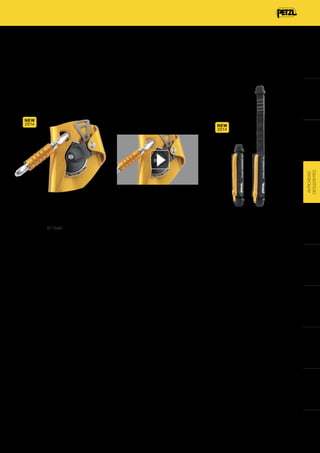 ARNESES
CASCOS

Anticaídas deslizante para cuerda
• Protección permanente contra las caídas:
- Detiene las caídas, deslizamientos y descensos no
controlados.
- Funciona con cuerda vertical o inclinada.
- Se bloquea en la cuerda incluso si el usuario lo
agarra durante la caída.
• Fácil de utilizar y eficaz:
- Se desplaza a lo largo de la cuerda hacia arriba y
hacia abajo sin ninguna intervención manual.
- Se instala y desinstala fácilmente en cualquier
punto de la cuerda.
- Puede combinarse con un elemento de amarre
absorbedor de energía ASAP’SORBER para
trabajar separado de la cuerda.
• Se sirve con el mosquetón con bloqueo de
seguridad automático OK TRIACT-LOCK.
• Peso: 370 g (295 g para ASAP y 75 g para OK
TRIACT-LOCK).
• Certificaciones: CE EN 353-2 y CE EN 12841
tipo A.

ASAP’SORBER
Elemento de amarre con
absorbedor de energía para ASAP
LOCK o ASAP
• Conecta el anticaídas deslizante ASAP LOCK o
ASAP al arnés.
• Permite al usuario separar la cuerda para:
- Liberar la zona de trabajo.
- Proteger la cuerda de herramientas cortantes o de
salpicaduras de metales en fusión.
• Absorbe la energía en caso de caída, por
desgarro de las costuras específicas.
• Funda textil con cremallera para proteger al
absorbedor de energía de la abrasión o de las
proyecciones de partículas a la vez que permite las
revisiones periódicas del absorbedor.
• Extremos provistos de un STRING para mantener
el conector en la posición correcta y proteger la
cinta de la abrasión.
• Disponible en dos longitudes para escoger el
mejor compromiso entre separación de la cuerda y
reducción de la altura de la caída:
- ASAP’SORBER (L71AA 20): 20 cm, 75 g.
- ASAP’SORBER (L71AA 40): 40 cm, 105 g.
• Altura libre: consulte las explicaciones detalladas
en la ficha técnica y el complemento "Product
Experience" disponibles en www.petzl.com/ASAP.
• Certificaciones: CE EN 355.

DESCENSORES

B71AAA

BLOQUEADORES

®

ANCLAJES Y
CUERDAS

ASAP

POLEAS

Consulte en www.petzl.com/ASAP todas
las posibilidades de utilización del anticaídas
deslizante ASAP.

CONECTORES

ANTICAÍDAS
DESLIZANTES

ELEMENTOS
DE AMARRE Y
ABSORBEDORES

NEW
2014

MUNDO VERTICAL

SACOS Y
ACCESSORIOS

NEW
2014

 