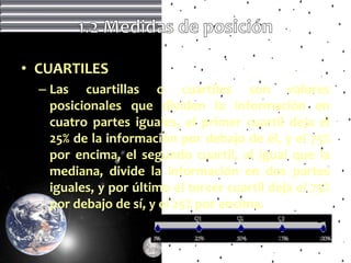 • CUARTILES
  – Las cuartillas o cuartiles son valores
    posicionales que dividen la información en
    cuatro partes iguales, el primer cuartil deja el
    25% de la información por debajo de él, y el 75%
    por encima, el segundo cuartil, al igual que la
    mediana, divide la información en dos partes
    iguales, y por último el tercer cuartil deja el 75%
    por debajo de sí, y el 25% por encima.
 
