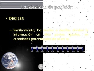 • DECILES

  – Similarmente, los deciles o decillas dividen la
    información en diez partes iguales, en
    cantidades porcentuales de 10 en 10.
 