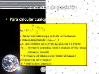 • Para calcular cualquier percentil
                 kn
                     fa i 1
       Qk  LI  r              A
                     fi
       r : Número de partes en que se divide la informació n
                               Frecuancia de clase modal
       k : Orden del percentil k  1,2.....r  1
       LI : Limite inferior del intervalo que contiene el percentil
       fa i 1 : Frecuencia acumulada hasta el intervalo anterior al que
                 contiene el percentil
        f i : Frecuencia del intervalo que contiene el percentil
       n : Número de observacio nes
       A : Amplitud de los intervalos
 