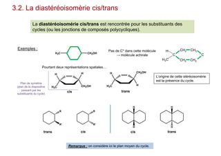 3.2. La diastéréoisomèrie cis/trans
La diastéréoisomérie cis/trans est rencontrée pour les substituants des
cycles (ou les jonctions de composés polycycliques).
Remarque : on considère ici le plan moyen du cycle.
R
R'
R
R'
H
H
H
H
Exemples :
trans cis transcis
H3C CH2OH
Pas de C* dans cette molécule
→ molécule achirale C
CH2
CH2
CH2
CH2
C
H
H3C
Pourtant deux représentations spatiales…
L’origine de cette stéréoisomérie
est la présence du cycle.
H
H3C CH2OH
H H
H3C H
CH2OH
transcis
Plan de symétrie
(plan de la diapositive
passant par les
substituants du cycle)
 