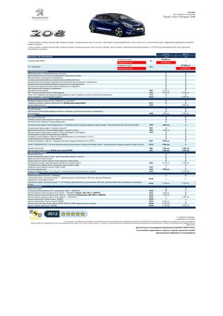Для служебного пользования
Прайс-Лист Peugeot 208
Active
5 дв 5 дв
Стандартная цена¹ 426 600 грн.
Специальная цена² 353 500 грн.
Стандартная цена¹ 527 800 грн.
Специальная цена² 437 300 грн.
АКТИВНАЯ БЕЗОПАСНОСТЬ
ABS (тормозная антиблокировочная система) S
EBFD (Электронная система распределения тормозных усилий) S
EBA (Усилитель экстренного торможения) S
Система креплений Isofix для устройств детской безопасности S
Автоматическая активация аварийной сигнализации при экстренном торможении S
Автоматическая блокировка дверных замков при начале движения S
Сигнализатор непристегнутого ремня безопасности водителя S
Электроусилитель рулевого управления S
Противотуманные фары PR01 2 730 грн.
ESP (система динамической стабилизации) UF01 9 120 грн.
Пакет LED: передние светодиодные фары дневного света, подсветка салона, потолочный светильник FE10 S
Круиз контроль + ограничитель скорости RG10 ----
ПАССИВНАЯ БЕЗОПАСНОСТЬ
Передние подушки безопасности водителя и пассажира S
Передние боковые подушки безопасности (В базе при заказе NA01) NF01 O
Шторки безопасности NF04 ----
СРЕДСТВА БЕЗОПАСНОСТИ
Иммобилайзер S
Центральная блокировка дверных замков с помощью пульта дистанционного управления S
Сигнализация АВ08 4 560 грн.
КОМФОРТ
Бортовой компьютер S
Рулевая колонка регулируется по длине и углу наклона S
Электрические передние стеклоподъемники S
LE05 4 560 грн.
Кондиционер (фасад цвета "матовый черный") RE01 S
Двухзонный климат-контроль (фасад цвета "черный глянец") RE07 7 290 грн.
Зеркала заднего вида в цвет кузова с электроприводом и обогревом RJ04 S
Регулируемое по высоте водительское сидение S
Откидная спинка заднего сидения, раскладывающаяся в соотношении 1/3-2/3 S
3 подголовника во втором ряде сидений S
Подогрев передних сидений + Передние боковые подушки безопасности (NF01) NA01 3 650 грн.
WV33 3 650 грн.
Задний парктроник UB01 7 290 грн.
Центральный подлокотник (В базе при заказе 0Р3U) JB01 1 820 грн.
ОСОБЕННОСТИ ДИЗАЙНА
Защита двигателя S
Решетка радиатора цвета "хром" (для Access цвет решетки "серый") S
Дверные ручки в цвет кузова S
Корпус внешних зеркал заднего вида окрашен в цвет кузова S
Панорамная крыша с декоративной подсветкой голубого цвета OK01 9 120 грн.
Тонированные заднее стекло и боковые стекла второго ряда ----
Отделка салона темной тканью TISSU CURVE 7BFX S
Кожаная отделка руля VH02 1 820 грн.
Кожаная отделка салона ''Cuir Claudia" с механическими регулировками сидений 0P3U ----
МУЛЬТИМЕДИА
Радиоподготовка (антенна + проводка) S
Сенсорный экран: сенсорный экран 7”, радиоприемник, 6 динамиков, USB-порт, функция Bluetooth,
управление на рулевом колесе
WLQK S
WLQL 2 730 грн.
ПЕРСОНАЛИЗАЦИЯ
Запасное колесо S
Стальные колесные диски R15 с колпаками "Bore" / 185/65R15 ZH39 S
Легкосплавные колесные диски R15 "Azote" / 185/65R15 (кроме 1,6Е 120 л.с. 4АКПП) ZH75 7 290 грн.
Легкосплавные колесные диски R16 "Helium" / 195/55R16 (только для 1,6Е 120 л.с. 4АКПП) ZH45 7 290 грн.
Легкосплавные колесные диски R16 "Helium" / 195/55R16 ZH45 ----
Краска неметаллик "Белая эмаль" (WPP0) WPP0 S
Краска неметаллик "Темно-Серый" (9GP0) 9GP0 4 560 грн.
Краска металлик (Для Access цвета G4M0, G5M0 и K4M0 недоступны для заказа) 0ММ0 9 120 грн.
Краска "Белый перламутр" (N9M6) 0MM6 12 760 грн.
S базовое оснащение
--- невозможно к установке
Дополнительное послепродажное обслуживание PEUGEOT SERVICE PLUS.
На автомобили предоставляется гарантия 2 года без ограничения пробега
Дополнительная информация на www.peugeot.ua
ПАКЕТ "ОБЗОРНОСТЬ": Система автоматического включения стеклоочистителей и фар + Электрохромное зеркало заднего вида в салоне
Сенсорный экран: сенсорный экран 7”, CD-плейер, радиоприемник, 6 динамиков, USB-порт, функция Bluetooth, управление на рулевом
колесе
Электрические задние стеклоподъемники + Складывающиеся внешние зеркала заднего вида + Электрический детский замок (HU02)
----
S
4 560 грн.
S
S
3 650 грн.
S
ДВИГАТЕЛЬ / ТИП ТРАНСМИССИИ
----
1. Цены указаны в гривнах, включая НДС за единицу товара, по коммерческому курсу 22 грн./дол. США, являются рекомендованными и могут отличаться от окончательной цены, предложенной официальным дилером
Peugeot в Украине.
----
3 650 грн.
S
S
S
4 560 грн.
S
S
S
9 120 грн.
17.07.2015
Allure
S
S
S
2. Цены указаны в гривнах, включая НДС за единицу товара, по акционному курсу 18,23 грн./дол. США (вкл. цены на опции). Специальные цены действительны c 17.07.2015 для автомобилей 2015 года. Количество
автомобилей ограничено.
VTi 120 АКПП
PureTech 82 РКПП
EP6 C
EB 2
S
S
----
S
S
S
S
S
S
S
S
S
S
S
S
S
7 290 грн.
1 820 грн.
S
S
S
9 120 грн.
S
S
2 730 грн.
S
27 350 грн.
S
Точные цены и комплектации необходимо согласовывать при покупке автомобилей в официальной дилерской сети PEUGEOT. Дополнительная информация о продукте на сайте www.peugeot.ua
Данный прайс-лист предназначен только для информационных целей. ООО "Пежо Ситроен Украина" оставляет за собой право вносить изменения в технические характеристики, комплектацию и стоимость автомобилей без предварительного
уведомления.
7 290 грн.
----
S
----
S
S
 