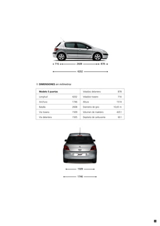 716                  2608                              878
                w




                          w
                          w




                                                                   w   w




                                                                                 w
                                             4202
                w




                                                                                 w
DIMENSIONES en milímetros


Modelo 5 puertas                                    Voladizo delantero                  878

Longitud                              4202          Voladizo trasero                    716

Anchura                               1746          Altura                             1514

Batalla                               2608          Diámetro de giro                 10,65 m

Vía trasera                           1509          Volumen de maletero                420 l

Vía delantera                         1505          Depósito de carburante              60 l




                                             1509
                                  w




                                                               w




                                             1746
                              w




                                                                   w




                                                                                               35
 